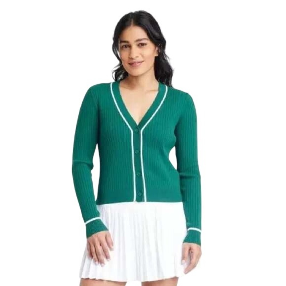 All‎ in Motion Women's Tipped Ribbed Green V-Neck Cardigan Sweater Size XL